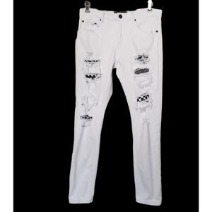 MLAB SZ 32 White Black Slim Fit Distressed Jeans Decorative Patching Y2K Emo